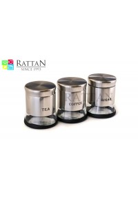 Elegant Tea Coffee And Sugar Glass Storage Canisters Set With Stainless Steel Jackets With Airtight Lid 