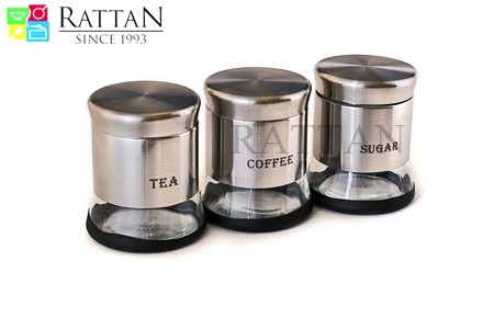 Elegant Tea Coffee And Sugar Glass Storage Canisters Set With